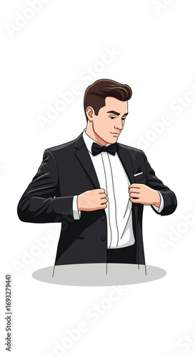 Stylish man in formal attire, tuxedo and bow tie, perfect for fashion blogs, wedding invitations, and event promotions. Elegant and sophisticated.