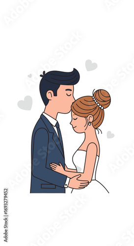 Groom kisses brides forehead tenderly after wedding. Perfect for wedding websites, romantic social media posts, or loverelated designs.
