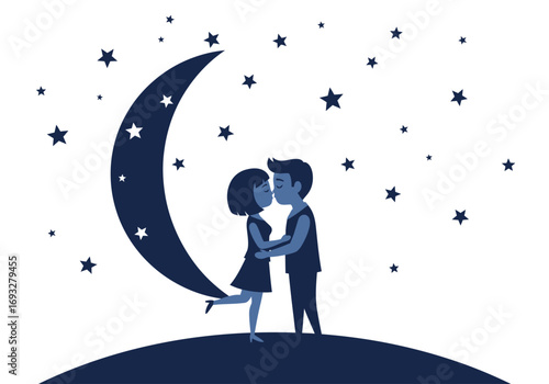 Couple embrace under crescent moon, surrounded by twinkling stars. Suitable for romantic themes, relationships, night scenes, and astrology concepts.
