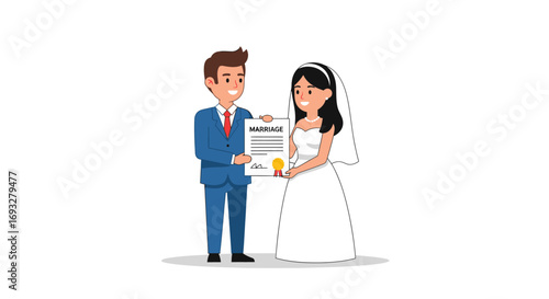 Bride and groom happily holding marriage certificate suitable for wedding invitations, lovethemed blogs, social media posts, and anniversary cards.