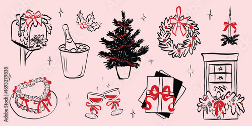 Whimsical chalk doodles of Christmas party. Quirky icons of breakfast and dinner meals in crayon style. Crayon drawing for menus and invitations. Handwriting vector illustration