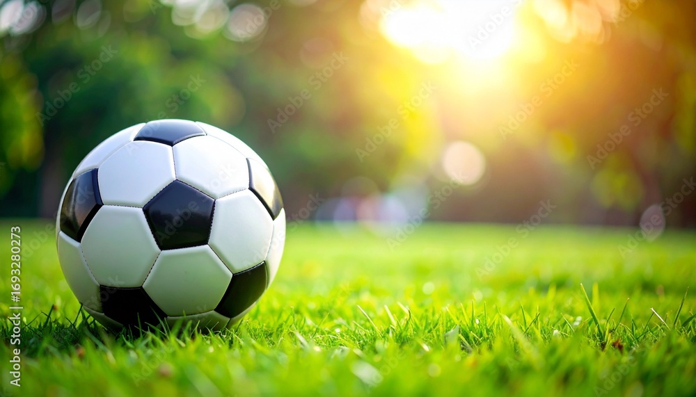 Naklejka premium Hyper-realistic view of a traditional soccer ball resting on a pristine green field during a warm golden hour sunset