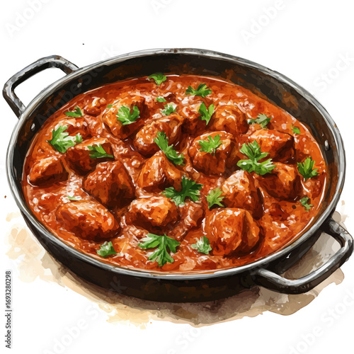 Butter Chicken, watercolor drawing vector, isolated on a white background.