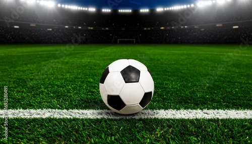 Hyperrealistic sports photography of a soccer ball placed on the center line of a lush green field under dramatic stadium floodlights