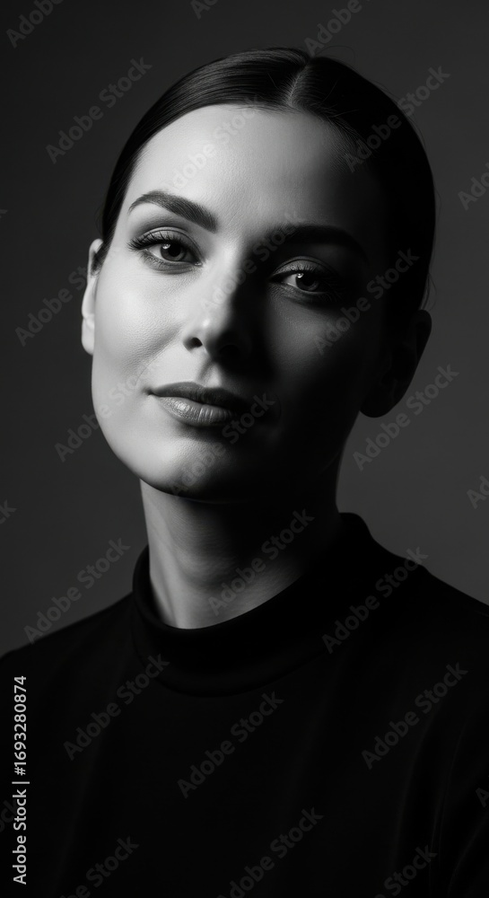 Fototapeta premium Elegant Young Woman Portrait in Black and White Studio Photography