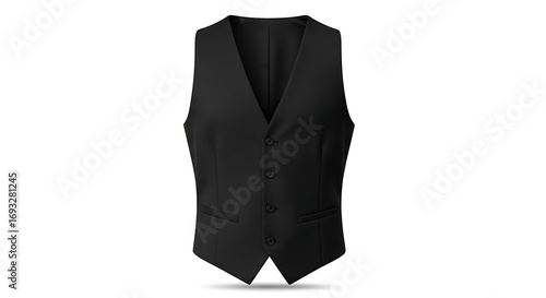 A formal black waistcoat, buttoned, displayed against a clean white background, showing the garment's design.
