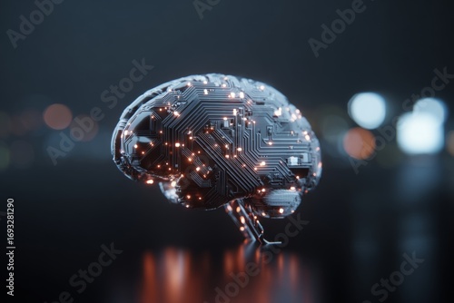 The symbiotic future of human cognition and tech innovation. Intelligent grid. A futuristic brain integrated with advanced tech on a motherboard. High-tech network. Digital web.