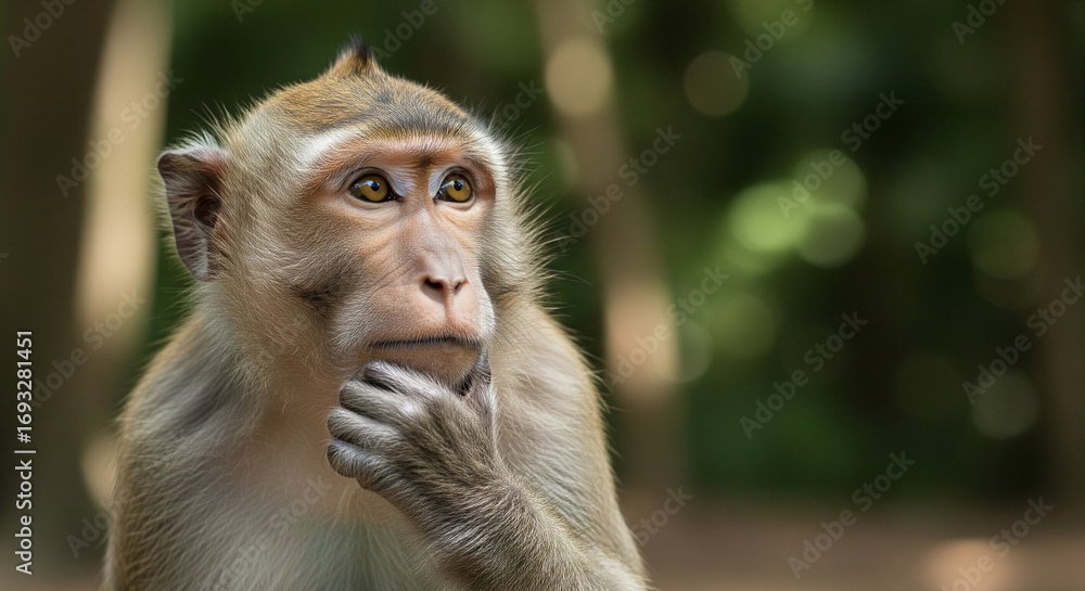 Obraz premium Curious monkey contemplates with paw on chin, soft bokeh forest highlights its thoughtful gaze
