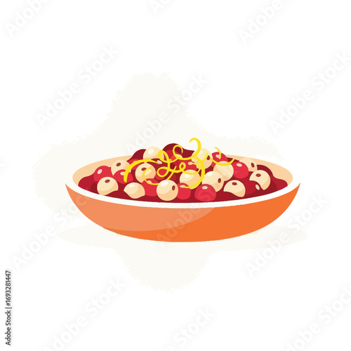 vector illustration of a bowl of homemade cranberry sauce with whole cranberries and pecans for a traditional Thanksgiving side dish.