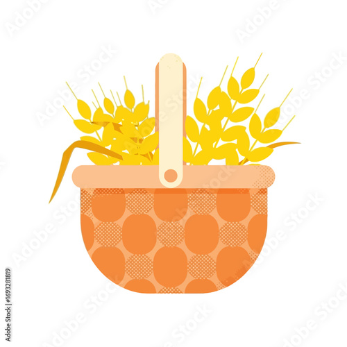 vector illustration of a wicker picnic basket filled with golden wheat sheaves as a symbol of the Thanksgiving harvest.