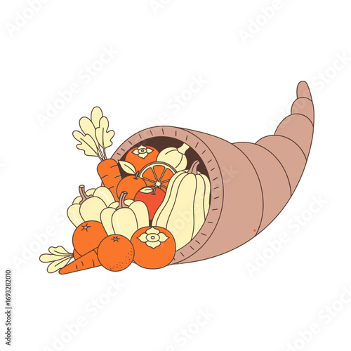 vector illustration of a traditional cornucopia horn of plenty overflowing with harvest fruits and vegetables for a Thanksgiving centerpiece decoration.