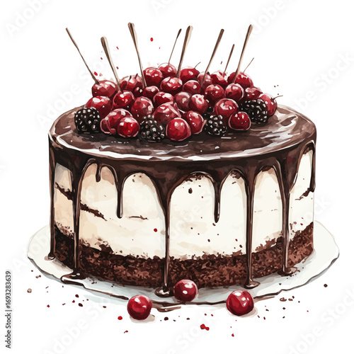 Black Forest Cake, watercolor illustration vector, isolated on a white background.