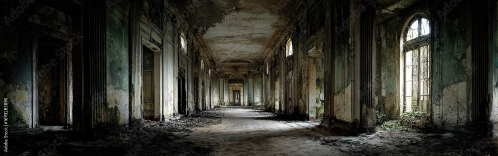 Obraz premium Abandoned Dark Corridor In A Ruined Building
