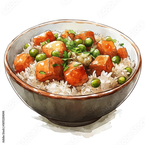 Biryani, watercolor illustration vector, isolated on a white background.