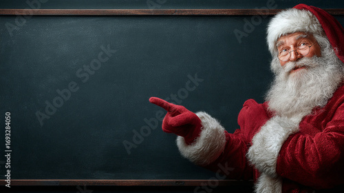 Realistic Smiling Santa Claus Pointing at Blank Advertisement Banner with Copy Space, Generative AI

