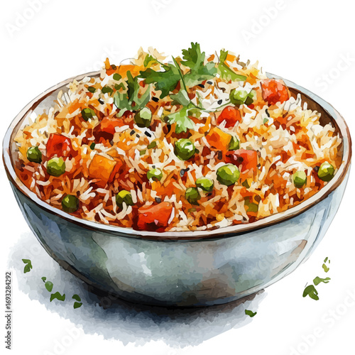 Biryani, watercolor clipart vector, isolated on a white background.