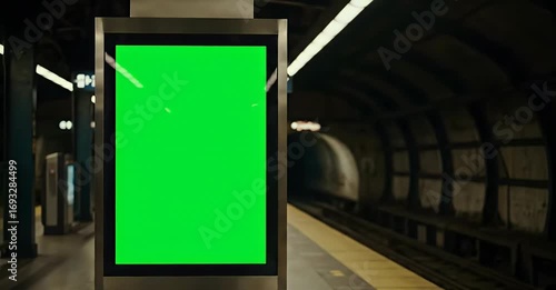 Subway platform with a blank green screen advertisement display.