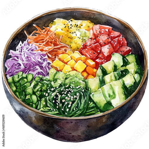 watercolor of Bibimbap, vector, isolated on a white background.
