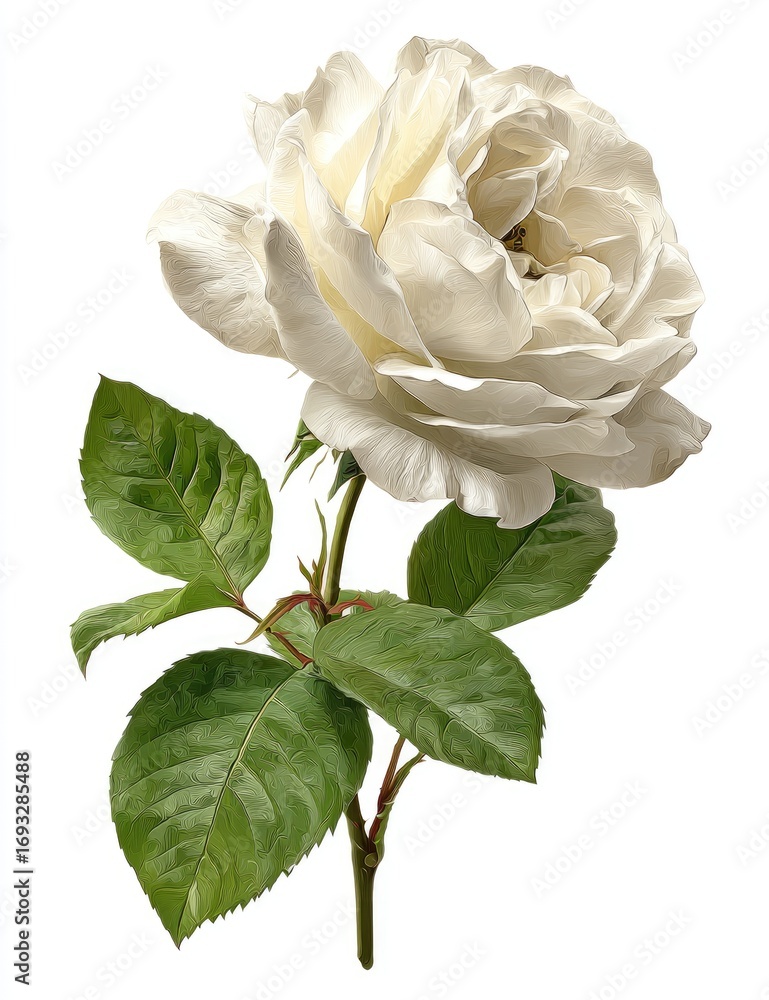 Obraz premium Detailed illustration of a single, creamy white rose with lush green leaves