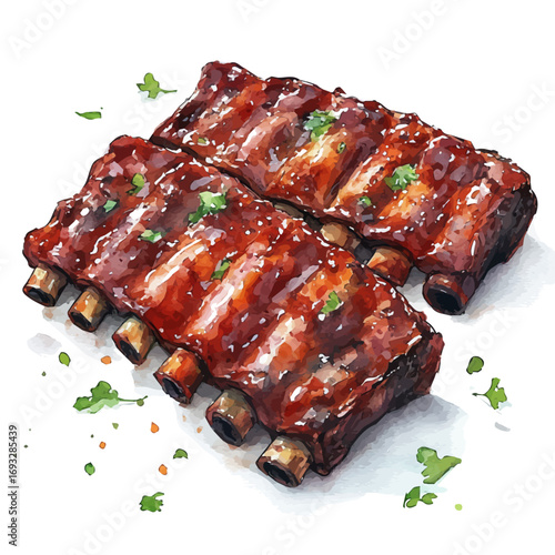 BBQ Ribs, watercolor clipart vector, isolated on a white background.