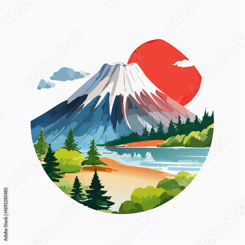 富士山と湖の風景を丸枠にしたデザイン　フラットイラスト