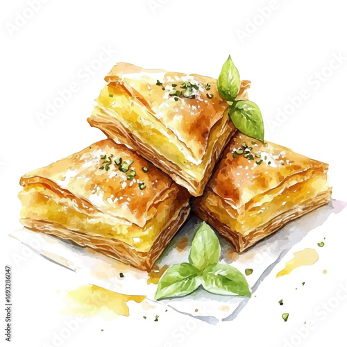 Baklava, watercolor painting vector, isolated on a white background.
