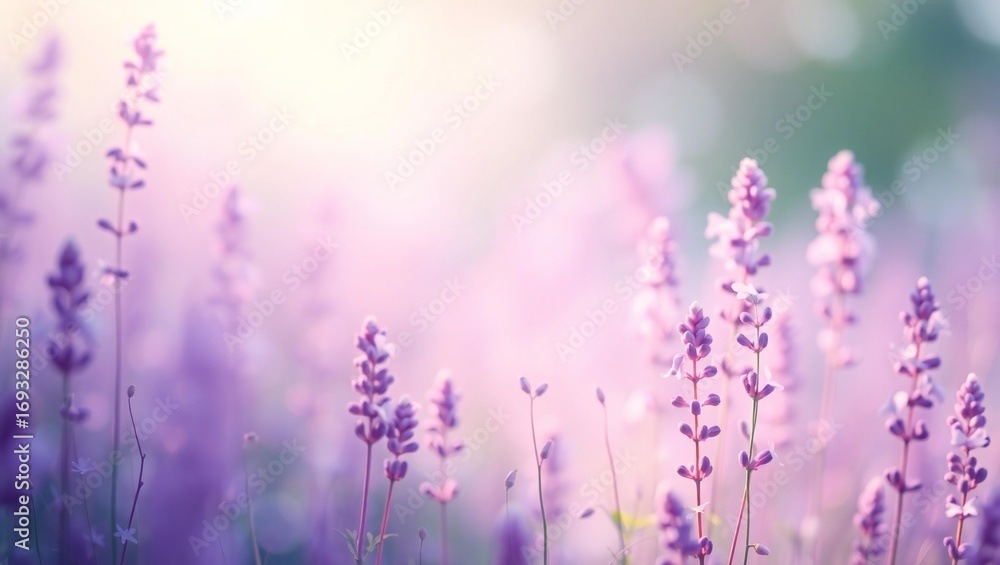 Fototapeta premium Soft focus lavender field with gentle sunlight and pink hues