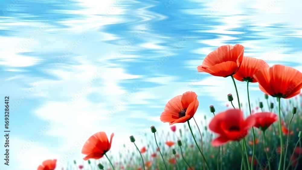 Naklejka premium Vibrant red poppies bloom against a reflective blue sky with clouds