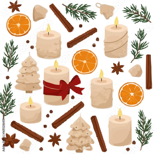 Flat Lay Christmas Candles with Cinnamon and Spices
