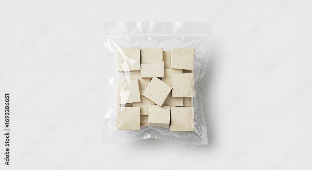 Fototapeta premium Packaged Tofu Cubes in Clear Plastic Bag