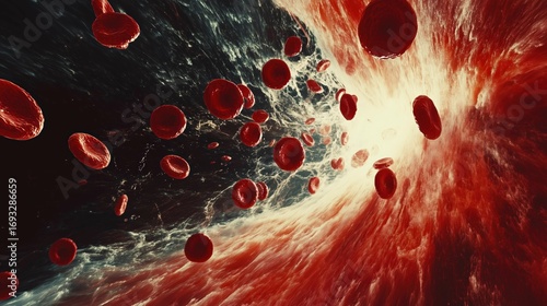Artistic 3D-style visualization of red blood cells flowing through a blood vessel, showing plasma currents and dynamic circulation.