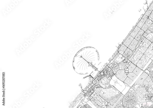 Zoomed vector city map of Dubai district with detailed street and highway layout. Perfect for navigation, transport, and urban planning projects.
