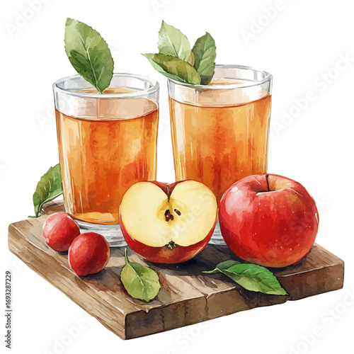 Apple Juice, watercolor drawing vector, isolated on a white background.
