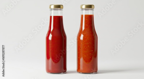 Two Glass Bottles of Tomato Sauce and Salsa