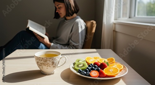 Woman Reading Book with Healthy Fruit and Tea