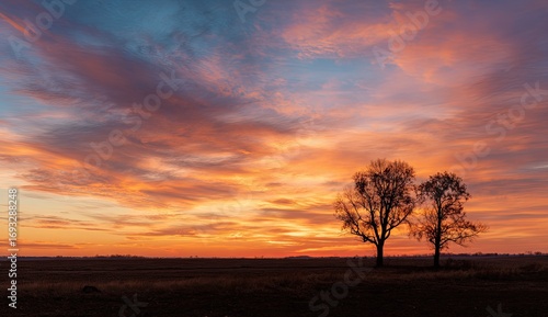Sunrise over a field with two trees