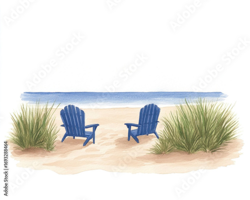 Watercolor illustration depicting two blue beach chairs facing the sea on a sandy shore, with tufts of dune grasses framing the peaceful coastline scene.