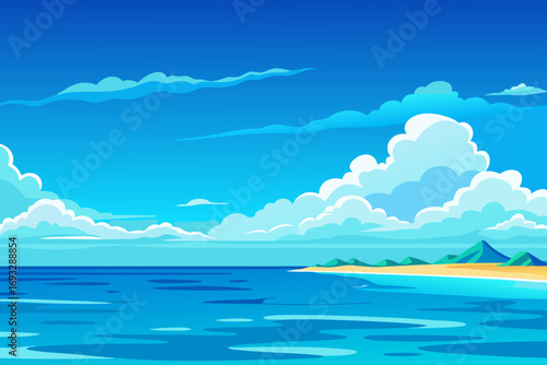 Beautiful beach scene with vibrant blue ocean and fluffy clouds under a bright sky for travel
