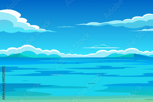 Vibrant cartoon seascape with bright blue sky, fluffy clouds, and tranquil ocean scene