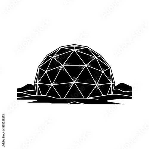 Geodesic dome settlement icon in barren landscape style  