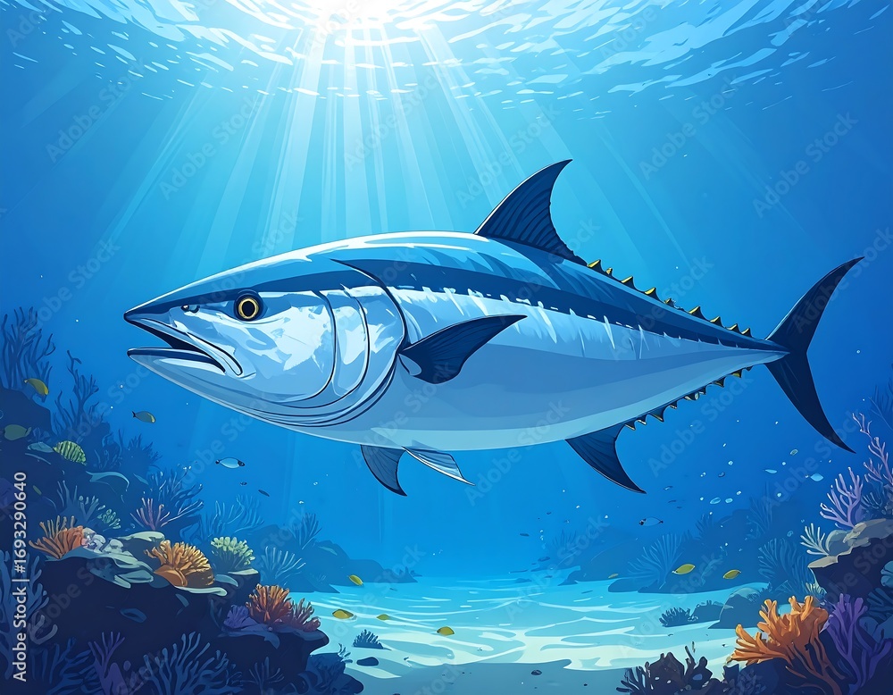 Obraz premium Tuna in coral reef underwater scene