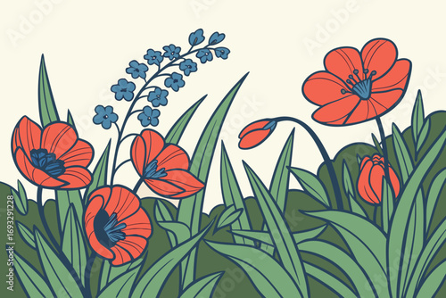 Vibrant coral poppies and delicate blue flowers bloom amidst lush green foliage creating a serene natural scene