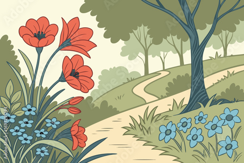 Vibrant spring meadow path with blooming poppies and forget-me-nots beckons exploration