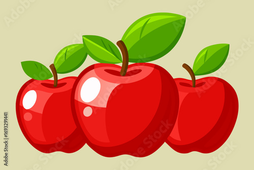 Three vibrant red apples with green leaves, perfect for healthy eating and autumn themes.