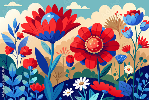 Vibrant abstract floral garden bursts with vivid reds and blues under a dreamy sky