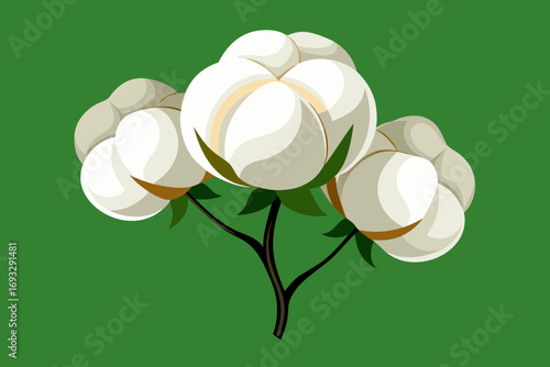 Soft fluffy cotton plant branch with vibrant green leaves, perfect for textile and fashion concepts