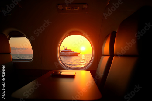 Luxury Private Jet View of Yacht at Sunset Over the Ocean