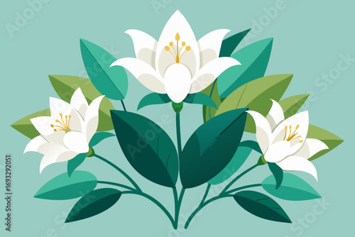 Elegant white blossoms with lush green foliage create a serene floral arrangement, perfect for delicate designs.