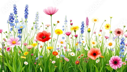 Fototapeta Naklejka Na Ścianę i Meble -  Vibrant field of colorful wildflowers in bloom against a bright white background