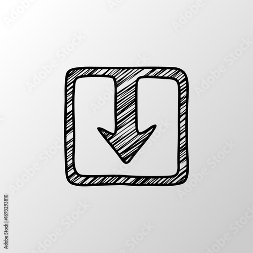 Hand drawn sketch arrow pointing down inside square button icon
